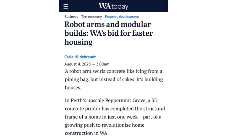 WA Today article featuring Contec’s 3D concrete printed home in Peppermint Grove, highlighting faster housing delivery in WA.
