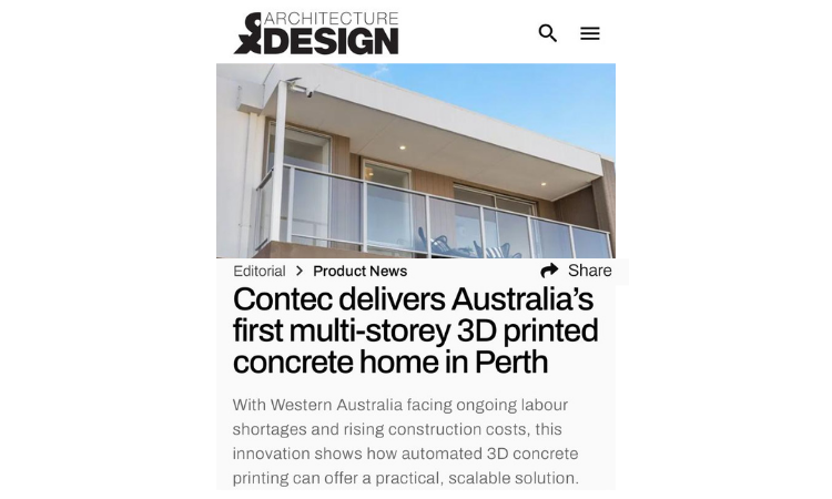 Contec delivers Australia’s first multi-storey 3D concrete printed home in Perth.