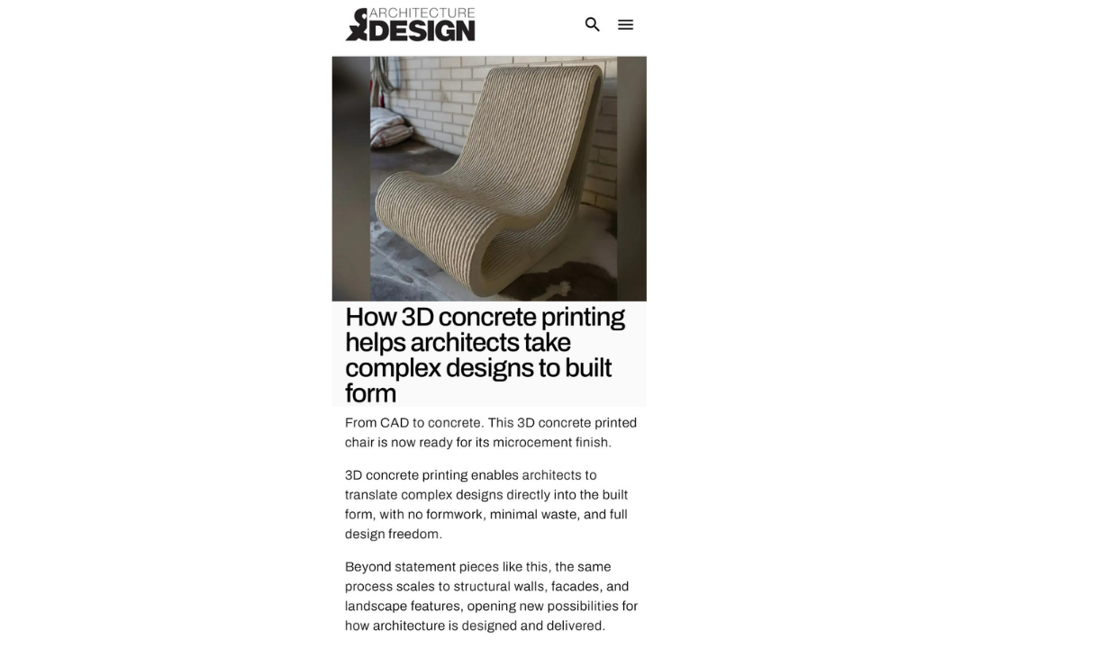 Architecture & Design article on Contec Australia’s 3D concrete printing, showing how architects can bring complex designs directly into the built form.