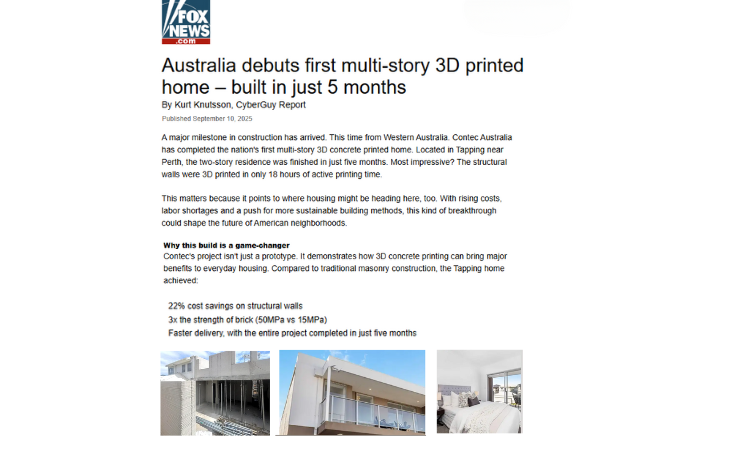 Screenshot of Fox News article featuring Contec Australia’s first multi-storey 3D concrete printed home, built in Western Australia in 5 months.
