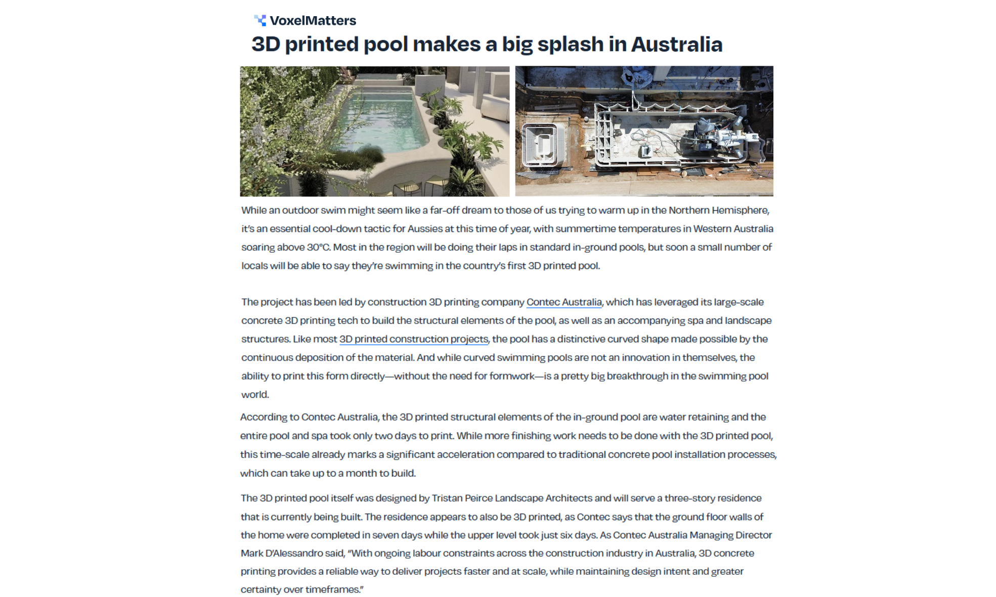 Voxel Matters article featuring Contec Australia’s 3D concrete printed swimming pool and construction process in Western Australia