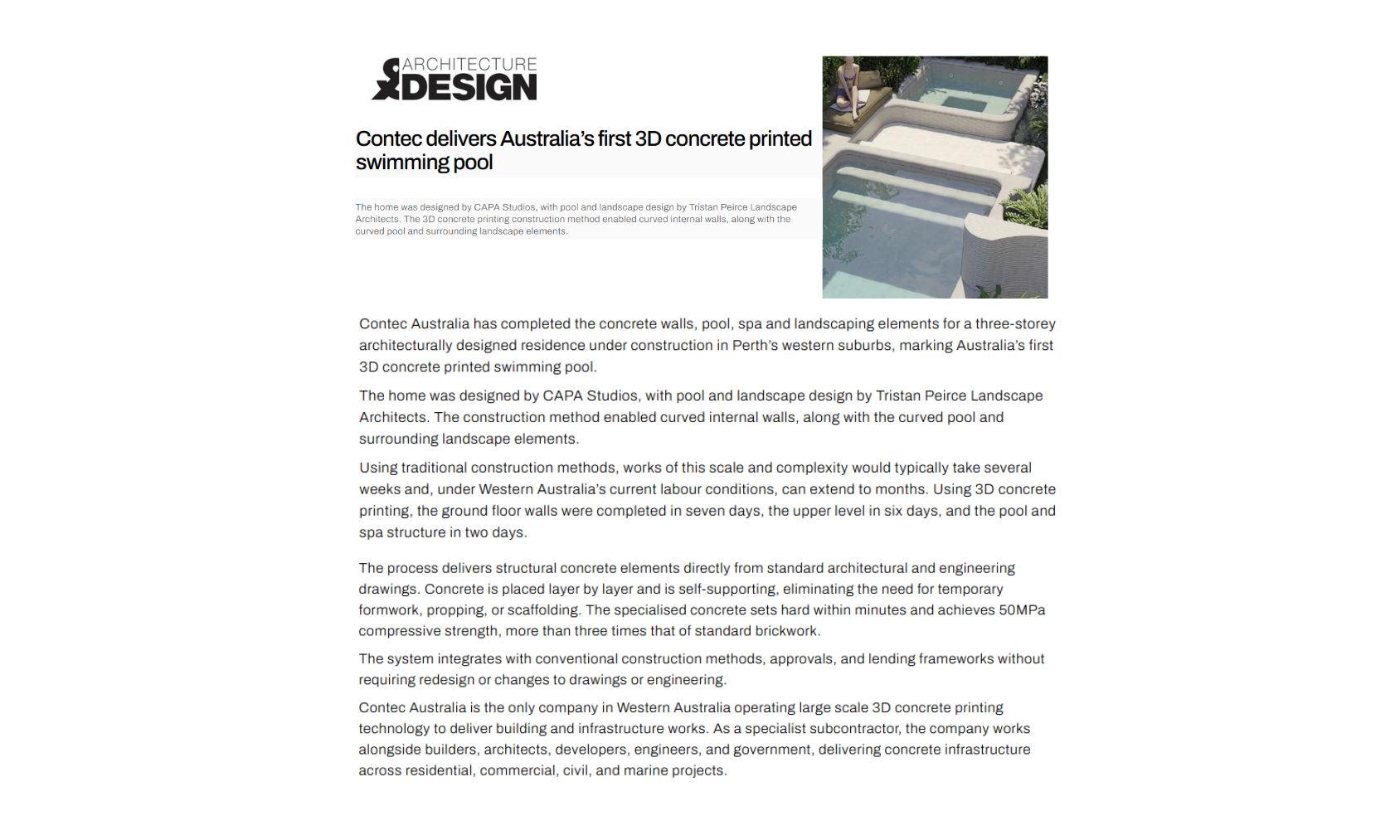 Architecture & Design article featuring Contec Australia’s 3D concrete printed swimming pool and curved landscape structures in Western Australia